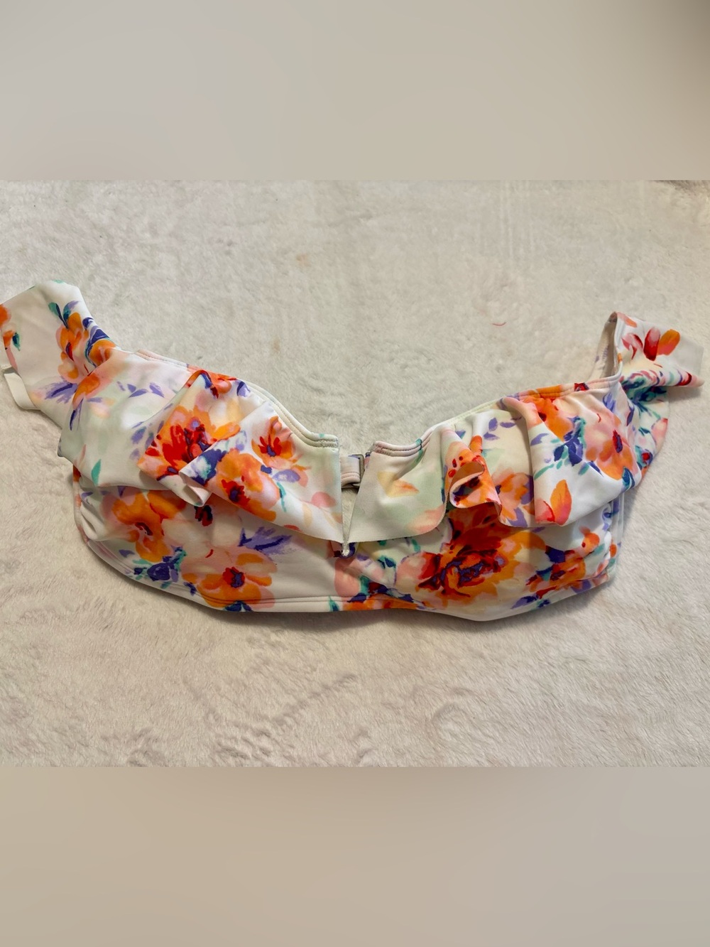 Gilly Hicks Floral Ruffle Bandeau Swim Top - White with Orange, Purple, Pink - Picture 2 of 6